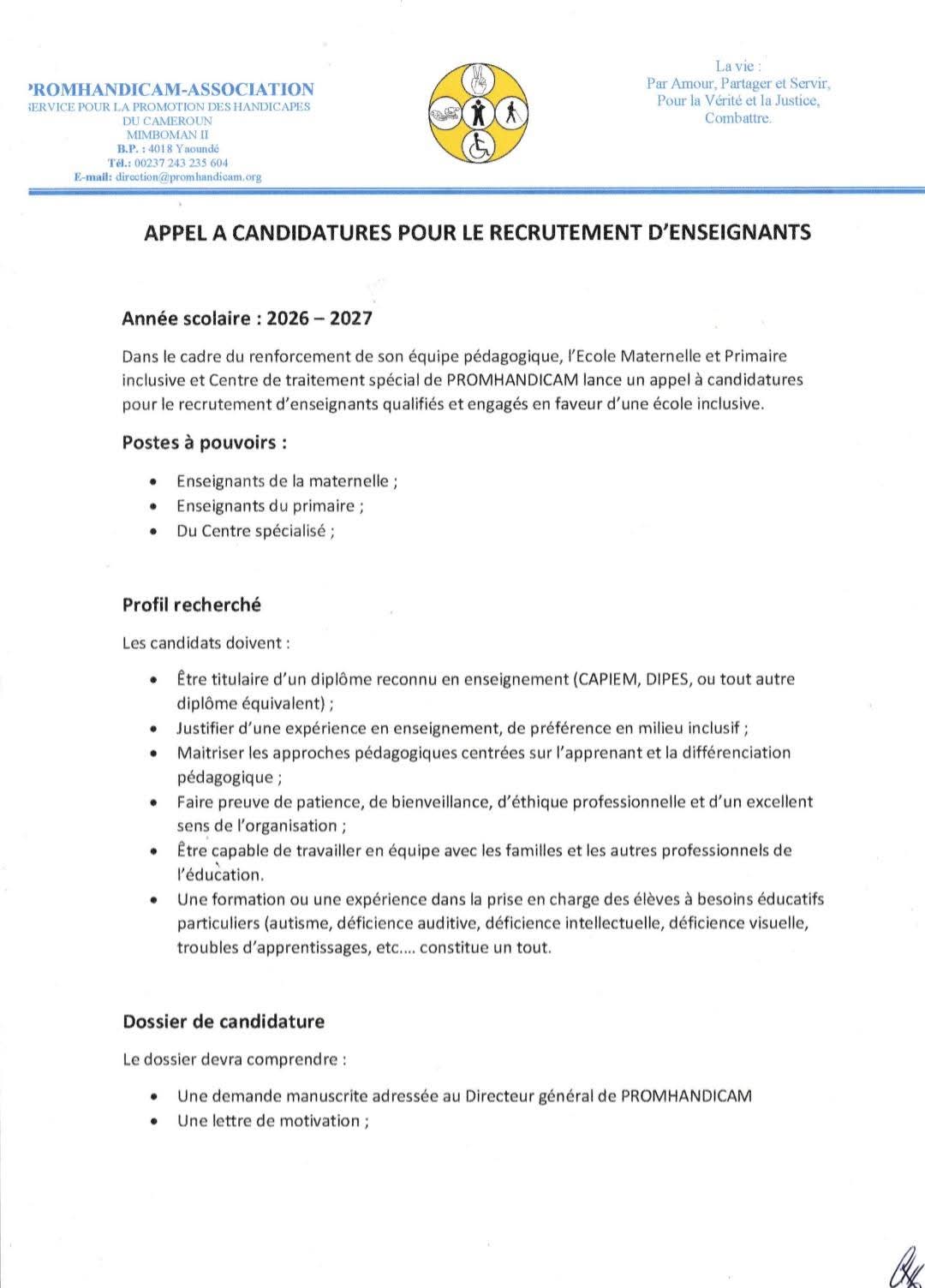 APPEL A CANDIDATURES POUR LE RECRUTEMENT ENSEIGNANTS  Année scolaire: 2026-2027